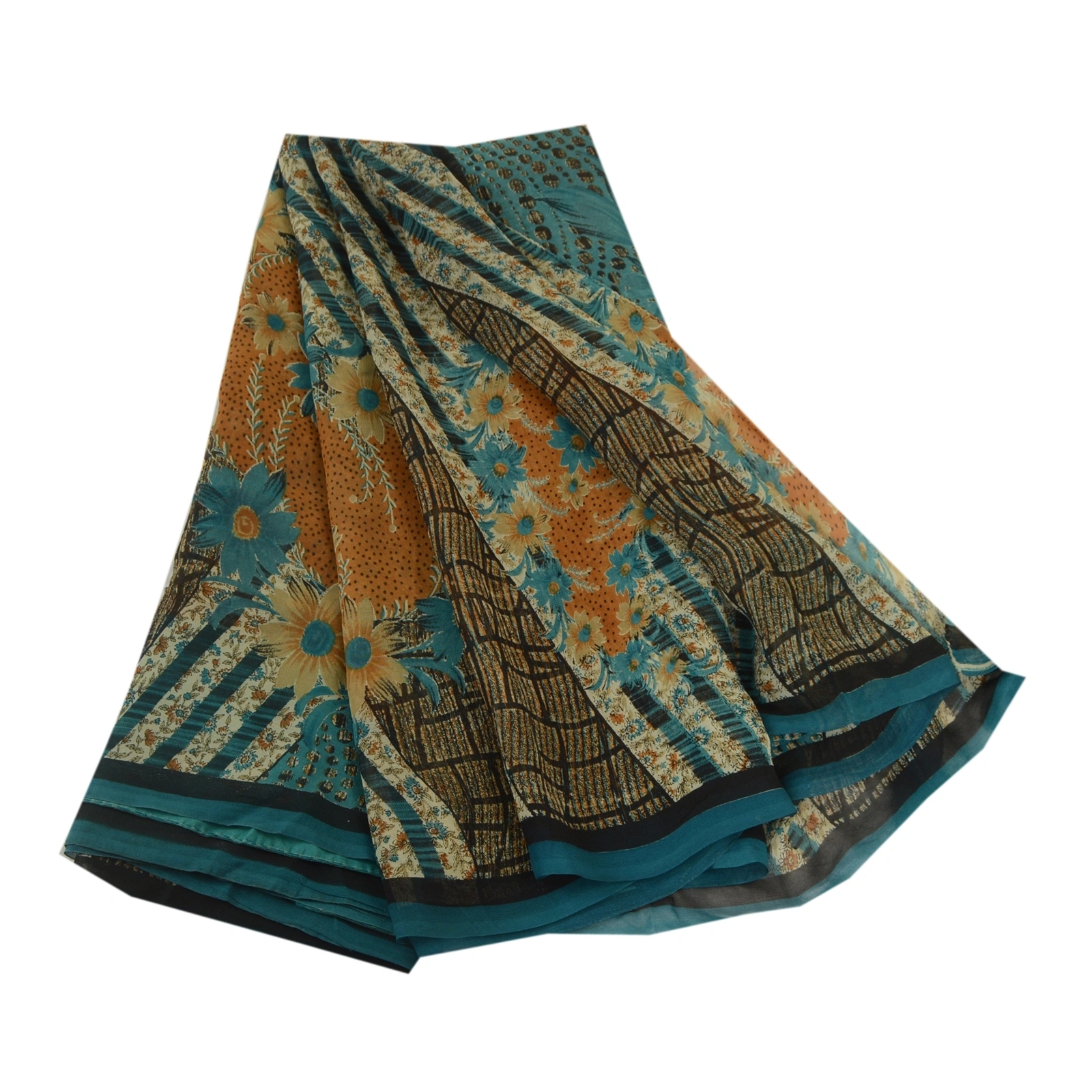 Sanskriti Vintage Sarees Blue Pure Georgette Silk Printed Sari 5Yd Craft Fabric, PRG-12964-Blue-Printed Floral Design-Pure Georgette Silk-2