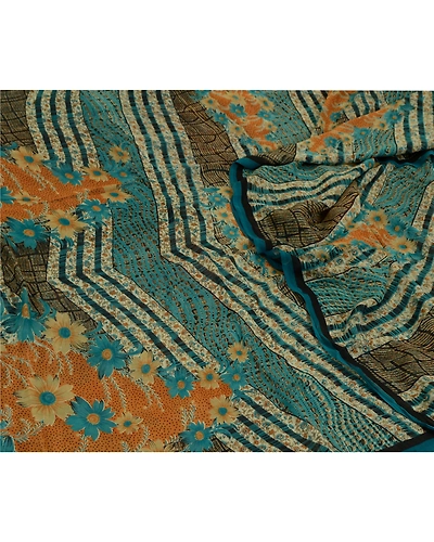 Sanskriti Vintage Sarees Blue Pure Georgette Silk Printed Sari 5Yd Craft Fabric, PRG-12964-Blue-Printed Floral Design-Pure Georgette Silk-3