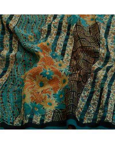 Sanskriti Vintage Sarees Blue Pure Georgette Silk Printed Sari 5Yd Craft Fabric, PRG-12964-Blue-Printed Floral Design-Pure Georgette Silk-8