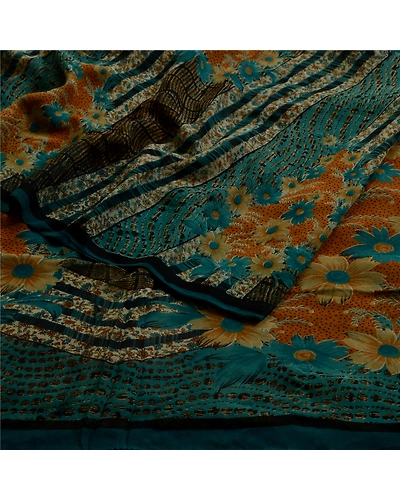 Sanskriti Vintage Sarees Blue Pure Georgette Silk Printed Sari 5Yd Craft Fabric, PRG-12964-Blue-Printed Floral Design-Pure Georgette Silk-9