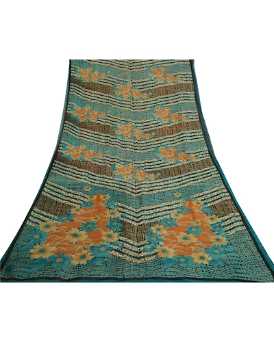 Sanskriti Vintage Sarees Blue Pure Georgette Silk Printed Sari 5Yd Craft Fabric, PRG-12964-Blue-Printed Floral Design-Pure Georgette Silk-10
