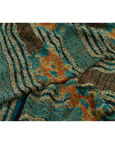 Sanskriti Vintage Sarees Blue Pure Georgette Silk Printed Sari 5Yd Craft Fabric, PRG-12964-Blue-Printed Floral Design-Pure Georgette Silk-11