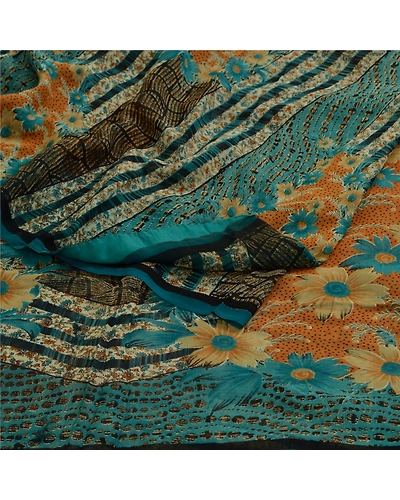 Sanskriti Vintage Sarees Blue Pure Georgette Silk Printed Sari 5Yd Craft Fabric, PRG-12964-Blue-Printed Floral Design-Pure Georgette Silk-12