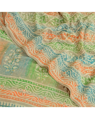 Sanskriti Vintage Sarees Hand Block Print Bead Pure Georgette Sari Craft Fabric, PRG-12984-Multicolor-Printed Floral Design-Pure Georgette Silk-1