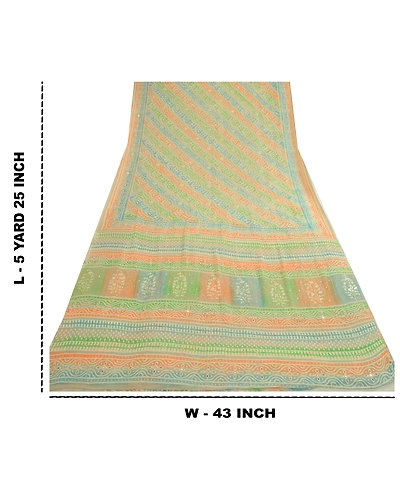 Sanskriti Vintage Sarees Hand Block Print Bead Pure Georgette Sari Craft Fabric, PRG-12984-Multicolor-Printed Floral Design-Pure Georgette Silk-4