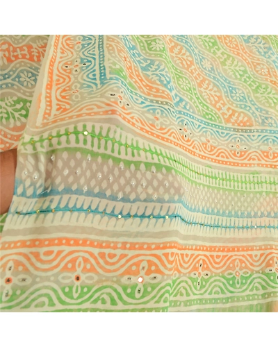 Sanskriti Vintage Sarees Hand Block Print Bead Pure Georgette Sari Craft Fabric, PRG-12984-Multicolor-Printed Floral Design-Pure Georgette Silk-5