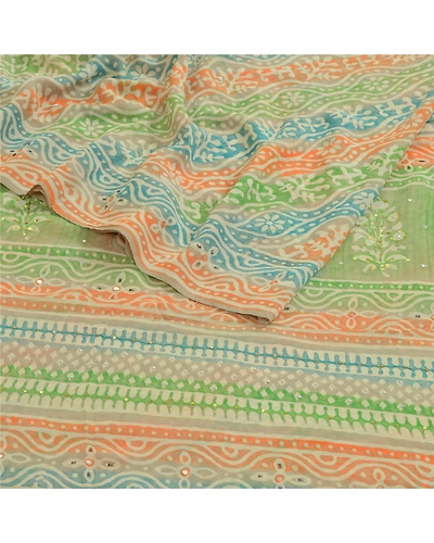 Sanskriti Vintage Sarees Hand Block Print Bead Pure Georgette Sari Craft Fabric, PRG-12984-Multicolor-Printed Floral Design-Pure Georgette Silk-9
