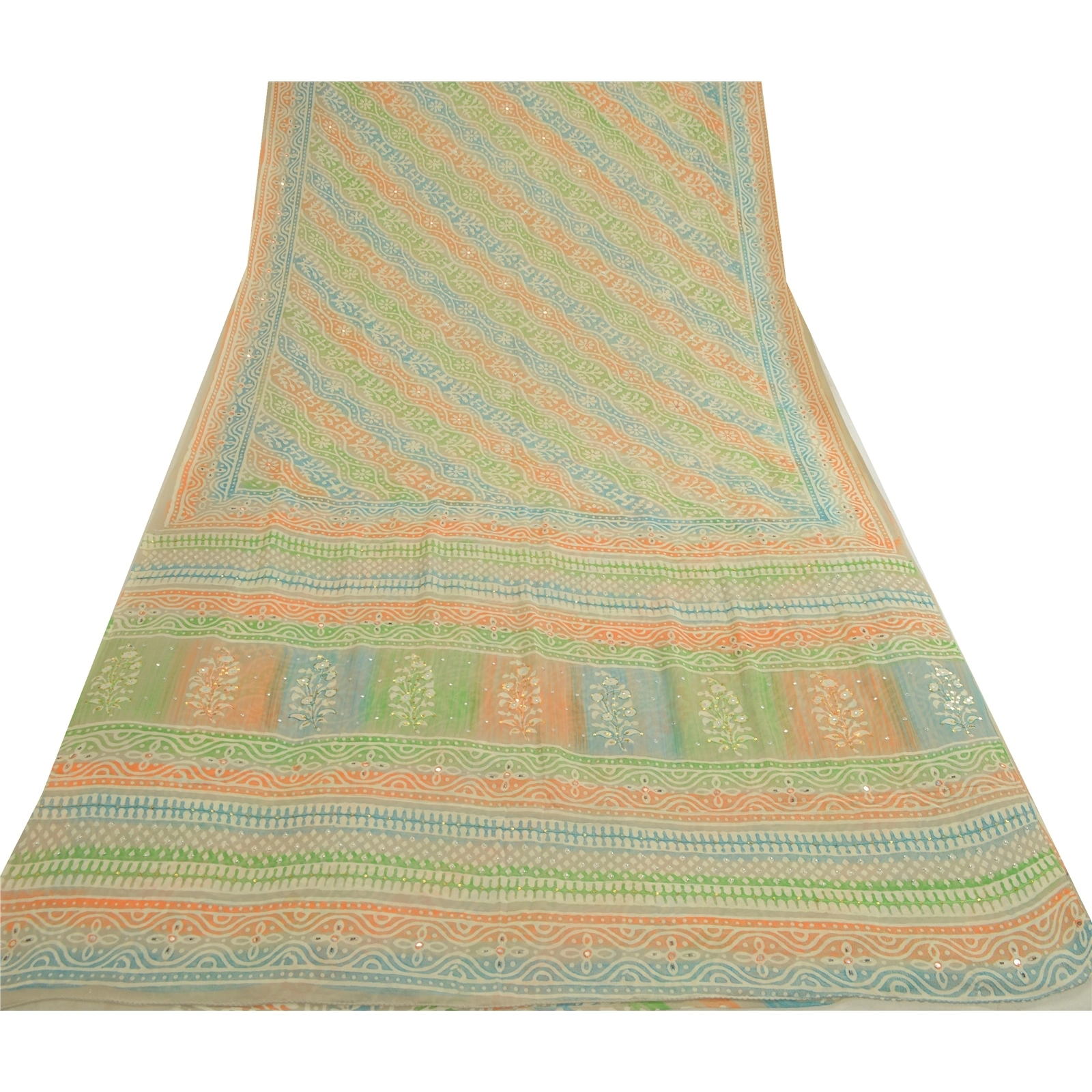 Sanskriti Vintage Sarees Hand Block Print Bead Pure Georgette Sari Craft Fabric, PRG-12984-Multicolor-Printed Floral Design-Pure Georgette Silk-10