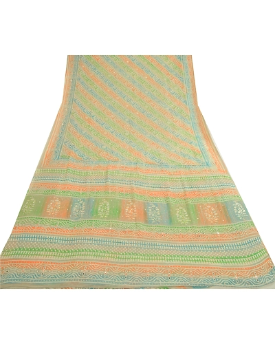 Sanskriti Vintage Sarees Hand Block Print Bead Pure Georgette Sari Craft Fabric, PRG-12984-Multicolor-Printed Floral Design-Pure Georgette Silk-10