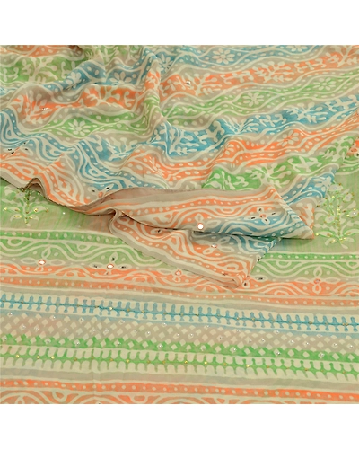 Sanskriti Vintage Sarees Hand Block Print Bead Pure Georgette Sari Craft Fabric, PRG-12984-Multicolor-Printed Floral Design-Pure Georgette Silk-11