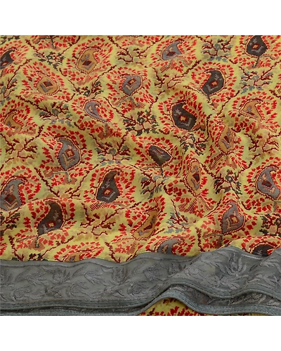Sanskriti Vintage Sarees From India Yellow Georgette Printed Sari Craft Fabric, PRG-12989-Yellow-Printed Floral Design-Poly Georgette-9