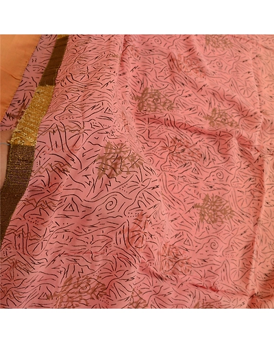 Sanskriti Vintage Sarees Pink/Beige Pure Georgette Silk Print Sari Craft Fabric, PRG-12998-Pink &amp; Beige-Printed Floral Design-Pure Georgette Silk-6