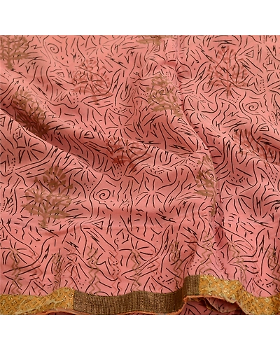 Sanskriti Vintage Sarees Pink/Beige Pure Georgette Silk Print Sari Craft Fabric, PRG-12998-Pink &amp; Beige-Printed Floral Design-Pure Georgette Silk-9