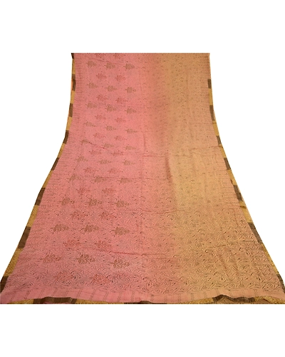 Sanskriti Vintage Sarees Pink/Beige Pure Georgette Silk Print Sari Craft Fabric, PRG-12998-Pink &amp; Beige-Printed Floral Design-Pure Georgette Silk-11