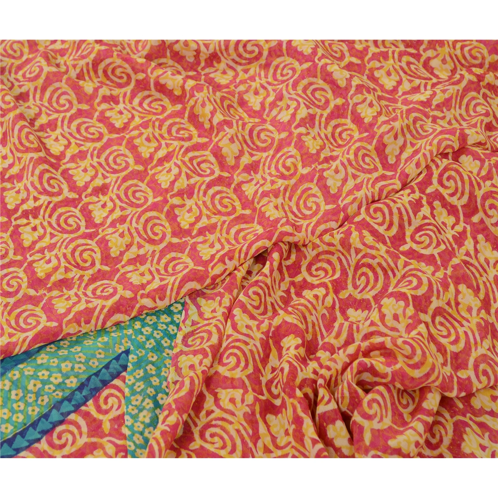 Sanskriti Vintage Sarees Pink Hand Block Print Pure Georgette Silk Sari Fabric, PRG-12999-Pink-Printed Floral Design-Pure Georgette Silk-3