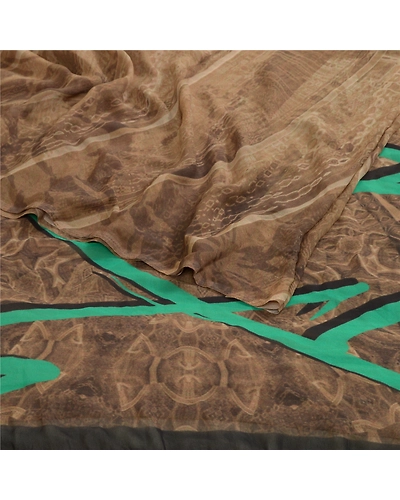 Sanskriti Vintage Sarees Indian Light-Brown Georgette Printed Sari Craft Fabric, PRG-13012-Light-Brown-Printed Floral Design-Poly Georgette-10