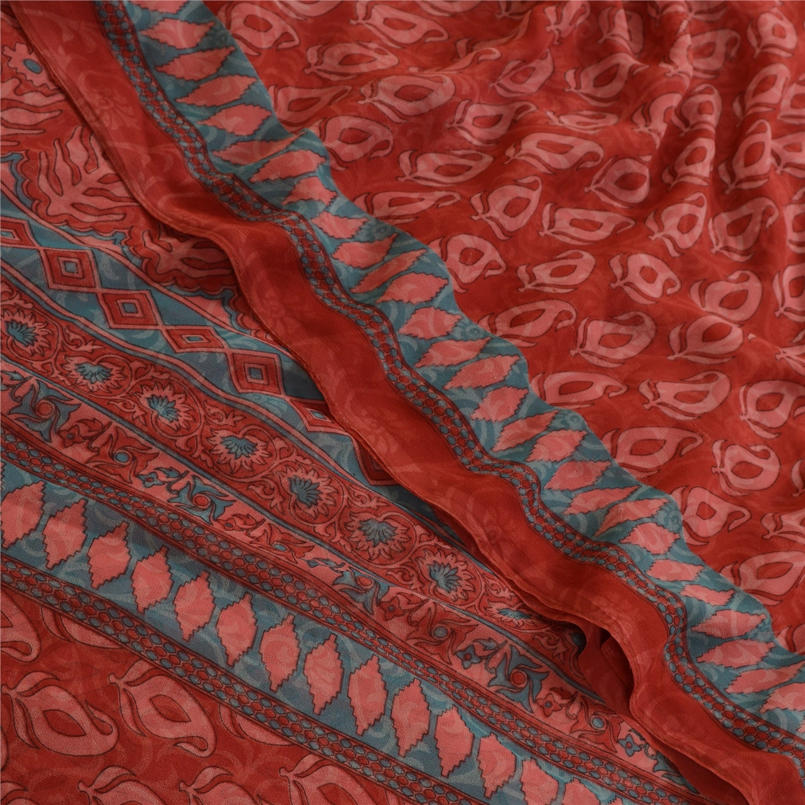 Sanskriti Vintage Sarees From India Red Printed Georgette Sari 5Yd Craft Fabric, PRG-13031-Red-Printed Floral Design-Poly Georgette-1