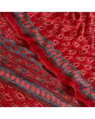Sanskriti Vintage Sarees From India Red Printed Georgette Sari 5Yd Craft Fabric, PRG-13031-Red-Printed Floral Design-Poly Georgette-1
