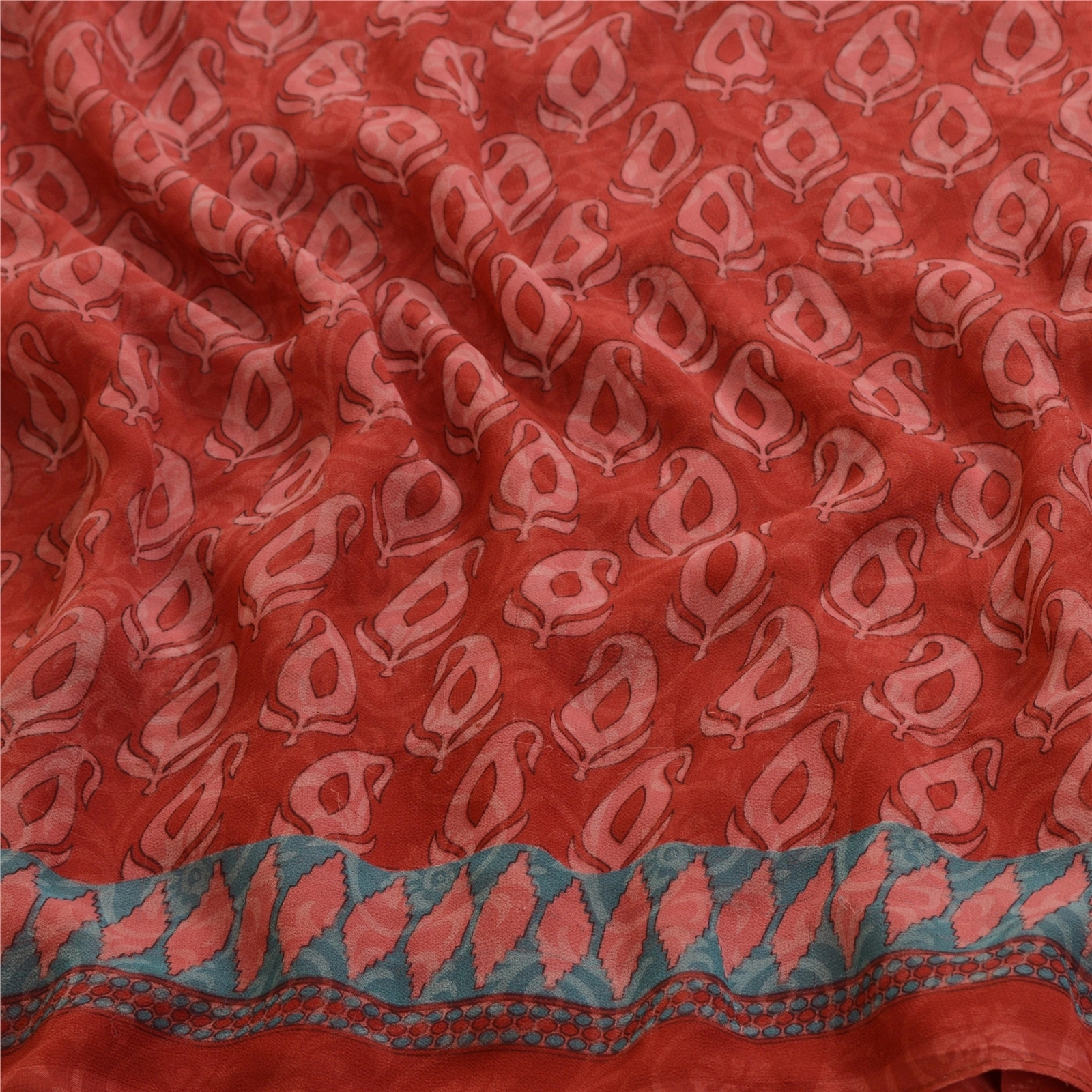 Sanskriti Vintage Sarees From India Red Printed Georgette Sari 5Yd Craft Fabric, PRG-13031-Red-Printed Floral Design-Poly Georgette-9