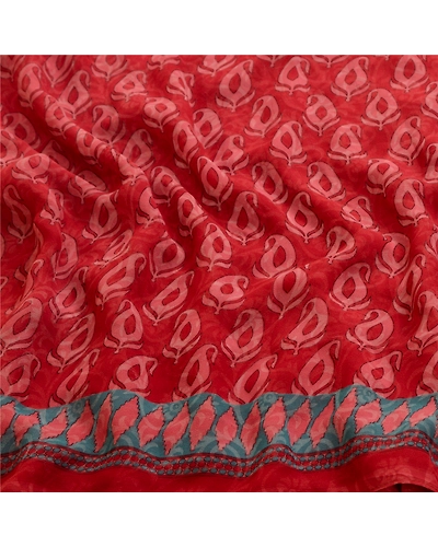 Sanskriti Vintage Sarees From India Red Printed Georgette Sari 5Yd Craft Fabric, PRG-13031-Red-Printed Floral Design-Poly Georgette-9
