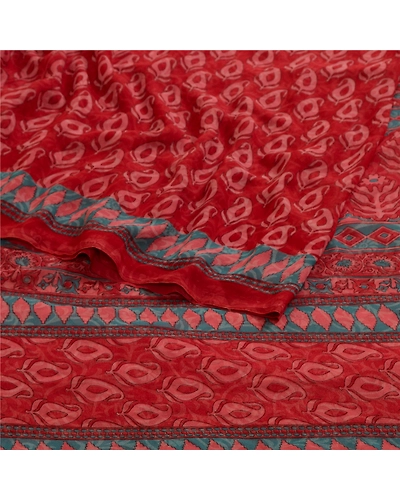 Sanskriti Vintage Sarees From India Red Printed Georgette Sari 5Yd Craft Fabric, PRG-13031-Red-Printed Floral Design-Poly Georgette-10