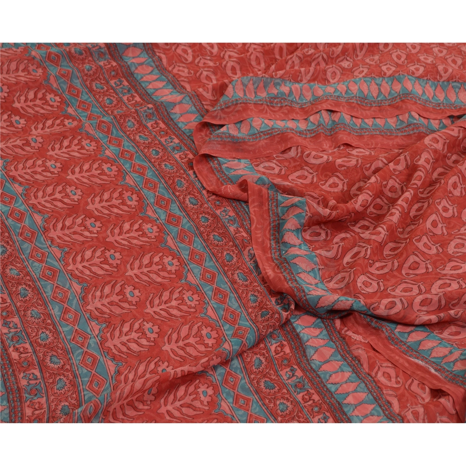 Sanskriti Vintage Sarees From India Red Printed Georgette Sari 5Yd Craft Fabric, PRG-13031-Red-Printed Floral Design-Poly Georgette-12