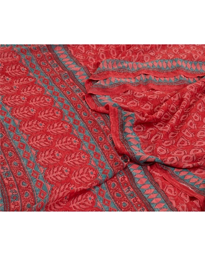 Sanskriti Vintage Sarees From India Red Printed Georgette Sari 5Yd Craft Fabric, PRG-13031-Red-Printed Floral Design-Poly Georgette-12