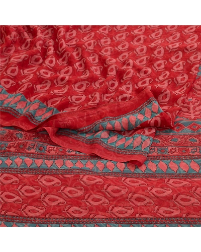Sanskriti Vintage Sarees From India Red Printed Georgette Sari 5Yd Craft Fabric, PRG-13031-Red-Printed Floral Design-Poly Georgette-13