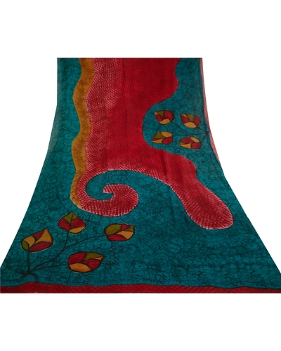 Sanskriti Vintage Sarees Blue/Red Pure Georgette Silk Printed Sari Craft Fabric, PRG-13035-Blue &amp; Red-Printed Floral Design-Pure Georgette Silk-11