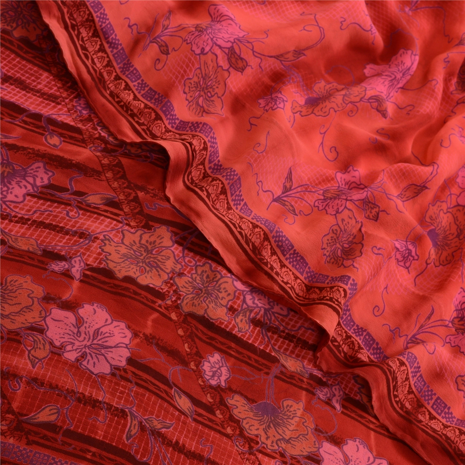 Sanskriti Vintage Sarees Red Tie-Dye Pure Georgette Silk Print Sari Craft Fabric, PRG-13042-Red-Tie-Dye-Pure Georgette Silk-1