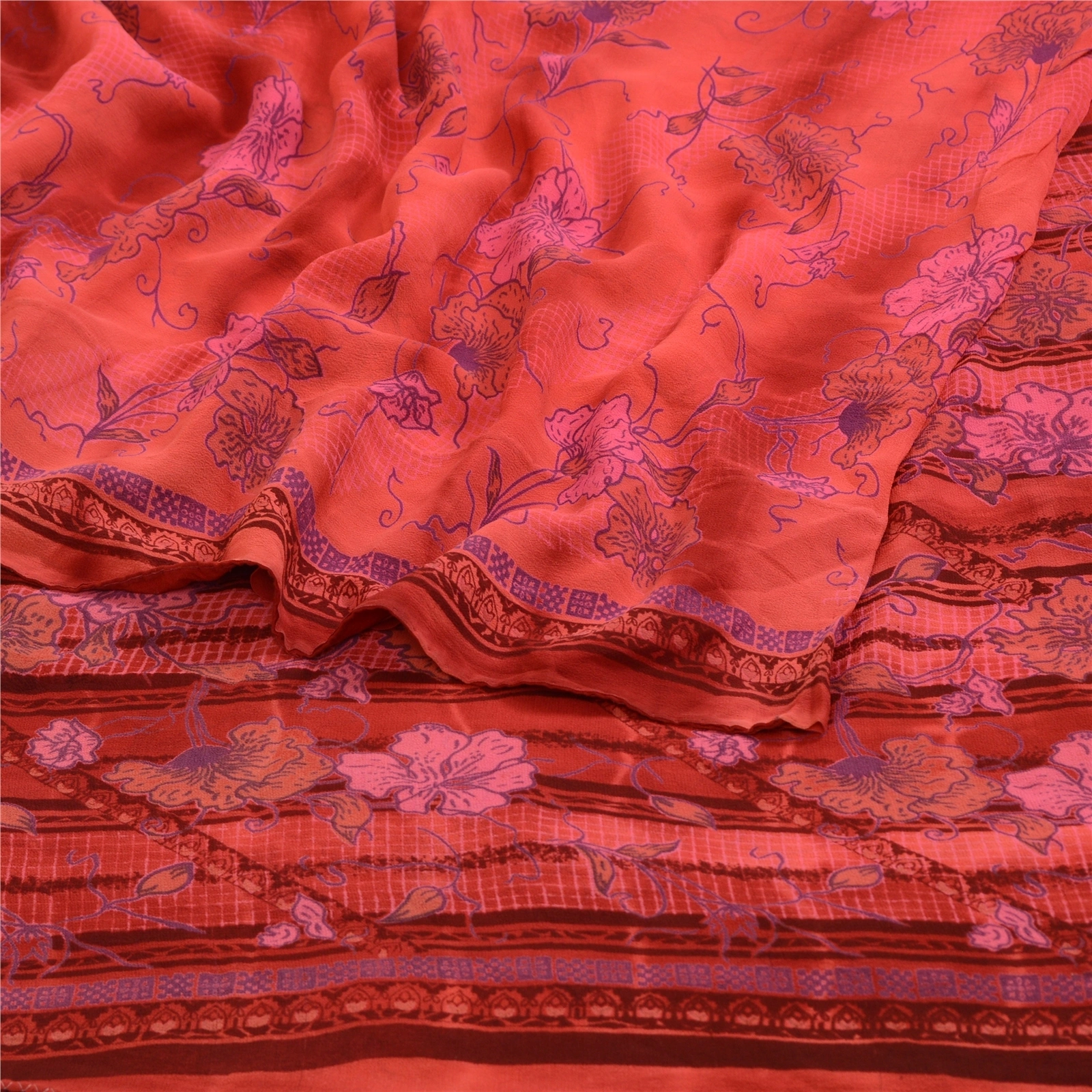 Sanskriti Vintage Sarees Red Tie-Dye Pure Georgette Silk Print Sari Craft Fabric, PRG-13042-Red-Tie-Dye-Pure Georgette Silk-10