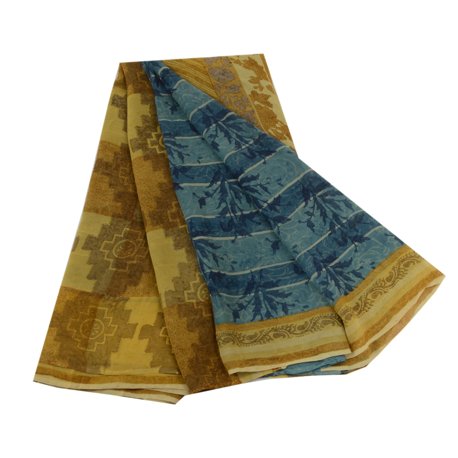 Sanskriti Vintage Sarees Blue/Green Pure Georgette Silk Print Sari Craft Fabric, PRG-13047-Blue &amp; Green-Printed Floral Design-Pure Georgette Silk-2