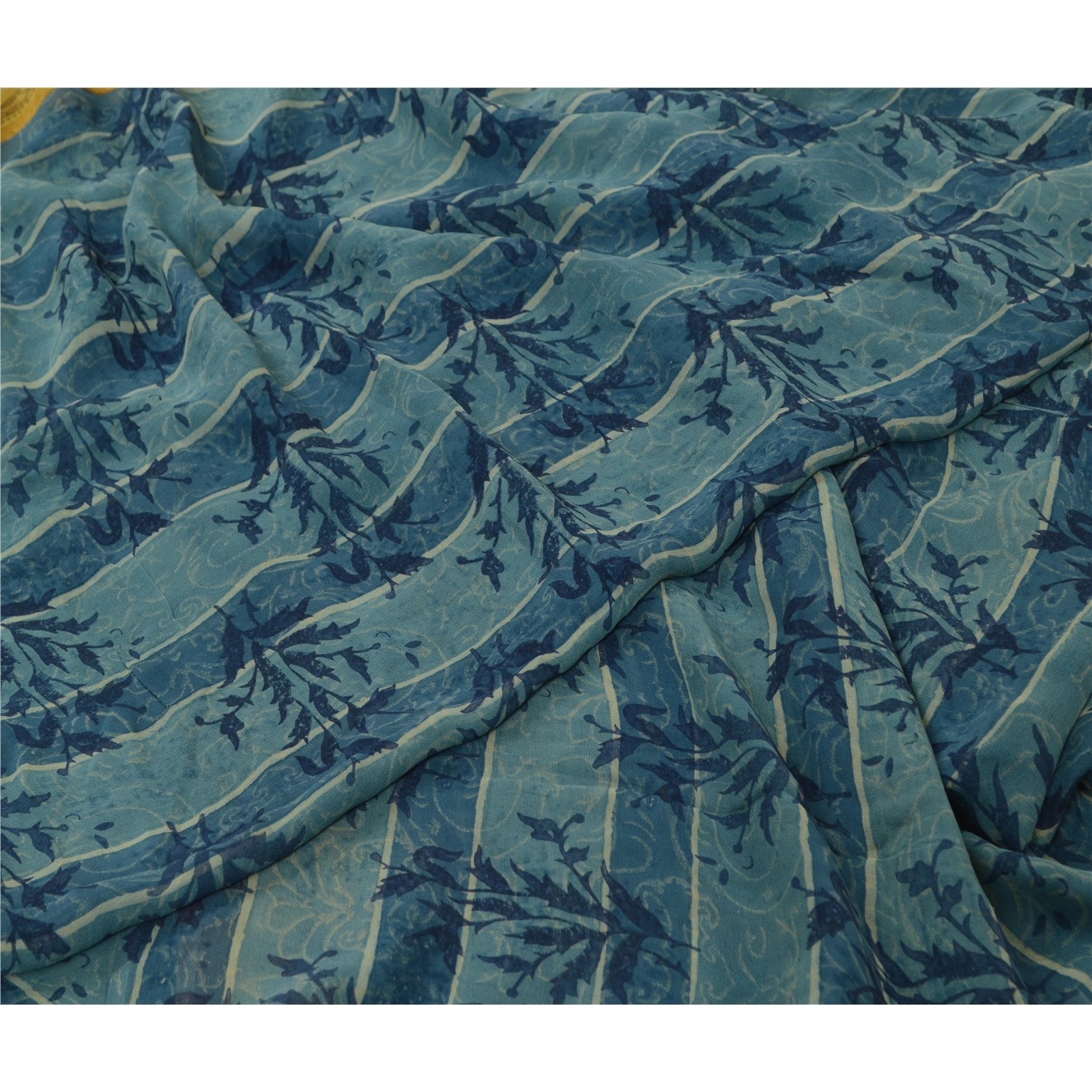 Sanskriti Vintage Sarees Blue/Green Pure Georgette Silk Print Sari Craft Fabric, PRG-13047-Blue &amp; Green-Printed Floral Design-Pure Georgette Silk-3