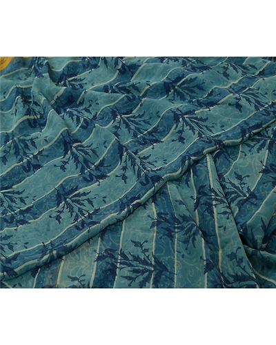Sanskriti Vintage Sarees Blue/Green Pure Georgette Silk Print Sari Craft Fabric, PRG-13047-Blue &amp; Green-Printed Floral Design-Pure Georgette Silk-3