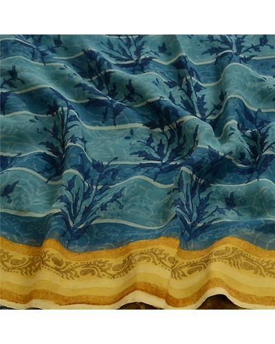 Sanskriti Vintage Sarees Blue/Green Pure Georgette Silk Print Sari Craft Fabric, PRG-13047-Blue &amp; Green-Printed Floral Design-Pure Georgette Silk-8