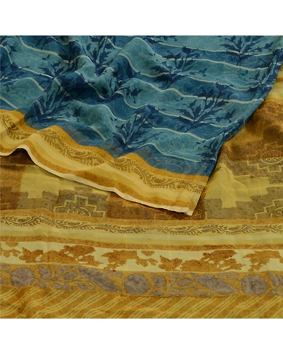 Sanskriti Vintage Sarees Blue/Green Pure Georgette Silk Print Sari Craft Fabric, PRG-13047-Blue &amp; Green-Printed Floral Design-Pure Georgette Silk-9