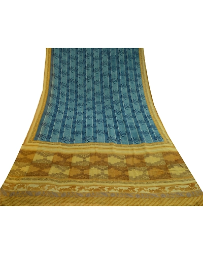 Sanskriti Vintage Sarees Blue/Green Pure Georgette Silk Print Sari Craft Fabric, PRG-13047-Blue &amp; Green-Printed Floral Design-Pure Georgette Silk-10