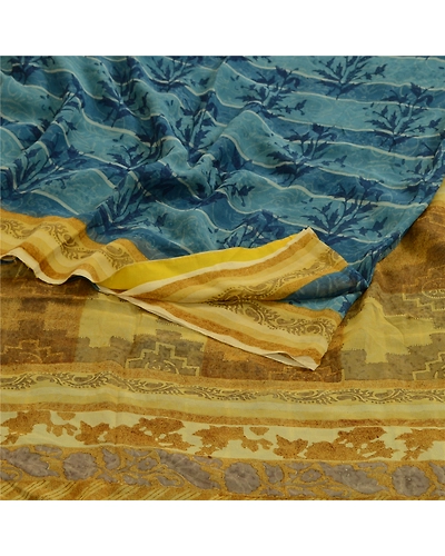 Sanskriti Vintage Sarees Blue/Green Pure Georgette Silk Print Sari Craft Fabric, PRG-13047-Blue &amp; Green-Printed Floral Design-Pure Georgette Silk-12