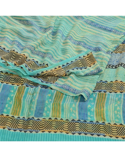 Sanskriti Vintage Sarees Sea-Green Pure Georgette Silk Printed Sari Craft Fabric, PRG-13053-Sea-Green-Printed Floral Design-Pure Georgette Silk-12