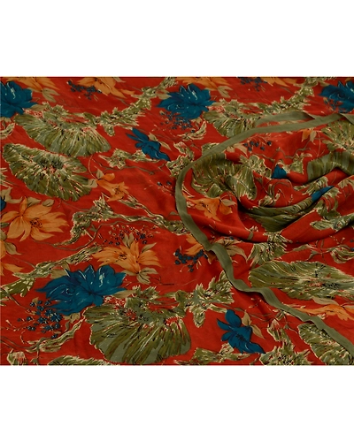 Sanskriti Vintage Sarees Orange Pure Georgette Silk Printed Sari Craft Fabric, PRG-13059-Orange-Printed Floral Design-Pure Georgette Silk-12