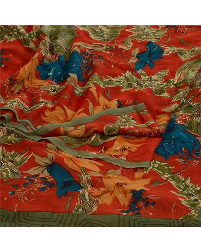 Sanskriti Vintage Sarees Orange Pure Georgette Silk Printed Sari Craft Fabric, PRG-13059-Orange-Printed Floral Design-Pure Georgette Silk-13