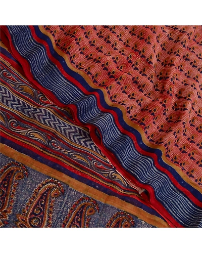 Sanskriti Vintage Sarees Red/Blue Pure Georgette Silk Printed Sari Craft Fabric, PRG-13064-Red &amp; Blue-Printed Floral Design-Pure Georgette Silk-1