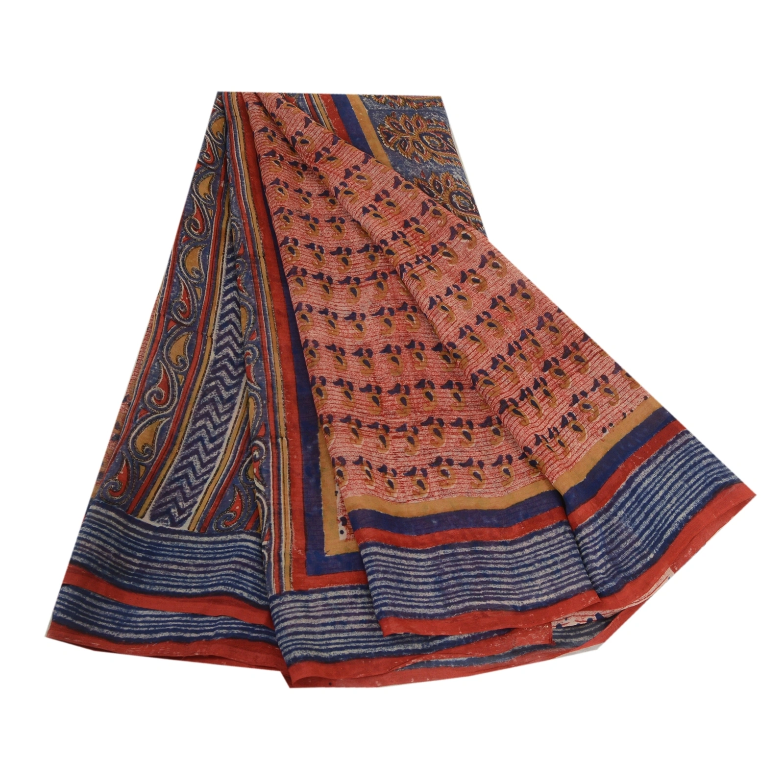 Sanskriti Vintage Sarees Red/Blue Pure Georgette Silk Printed Sari Craft Fabric, PRG-13064-Red &amp; Blue-Printed Floral Design-Pure Georgette Silk-2