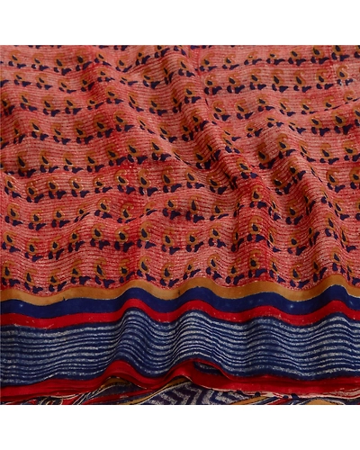 Sanskriti Vintage Sarees Red/Blue Pure Georgette Silk Printed Sari Craft Fabric, PRG-13064-Red &amp; Blue-Printed Floral Design-Pure Georgette Silk-8