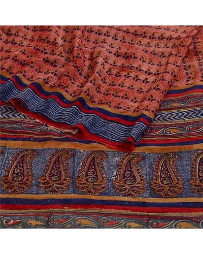 Sanskriti Vintage Sarees Red/Blue Pure Georgette Silk Printed Sari Craft Fabric, PRG-13064-Red &amp; Blue-Printed Floral Design-Pure Georgette Silk-9