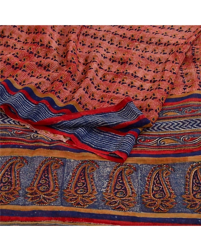 Sanskriti Vintage Sarees Red/Blue Pure Georgette Silk Printed Sari Craft Fabric, PRG-13064-Red &amp; Blue-Printed Floral Design-Pure Georgette Silk-12