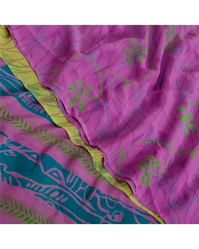 Sanskriti Vintage Sarees Purplegreen Pure Georgette Silk Print Sari Craft Fabric, PRG-13066-Purple &amp; Green-Printed Floral Design-Pure Georgette Silk-1