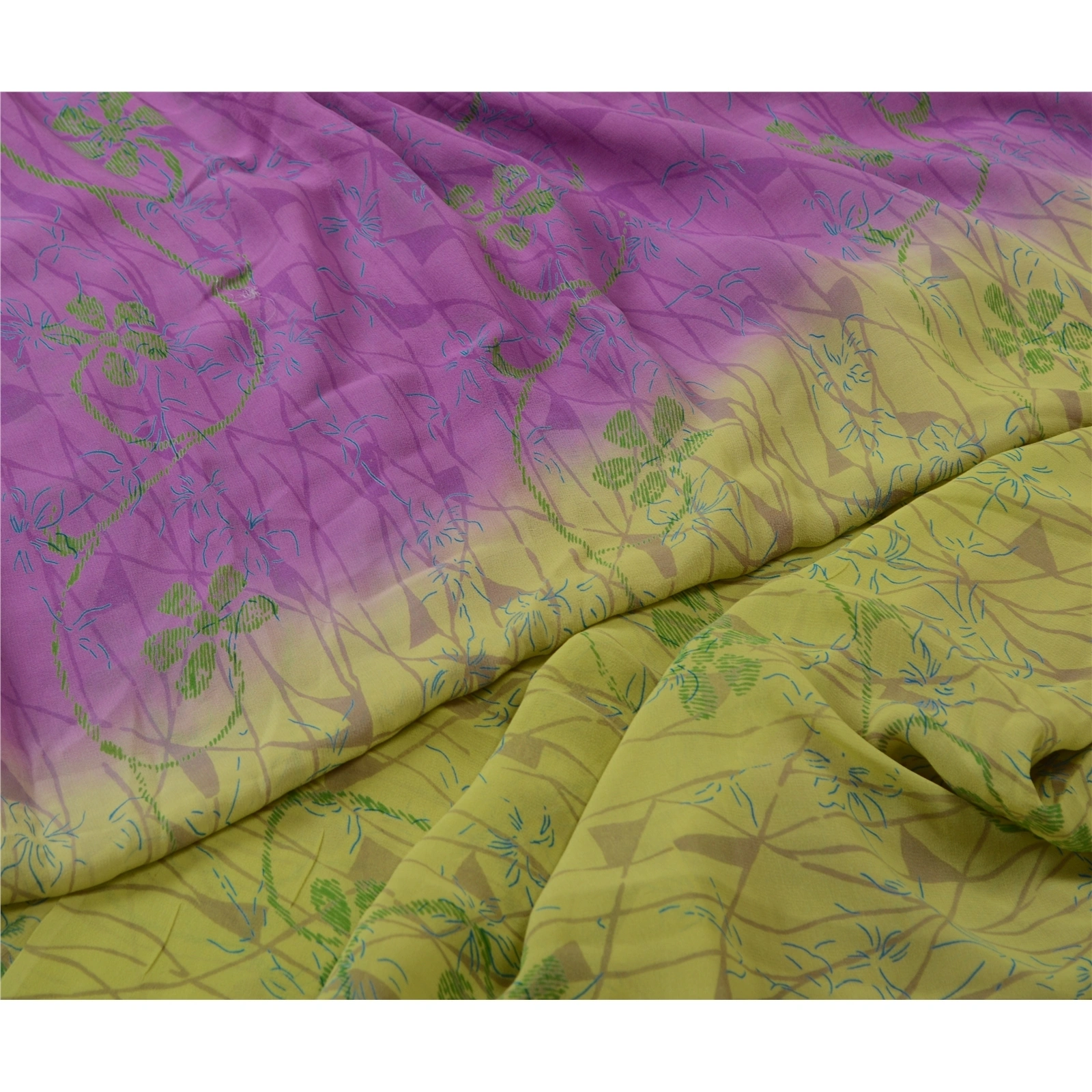 Sanskriti Vintage Sarees Purplegreen Pure Georgette Silk Print Sari Craft Fabric, PRG-13066-Purple &amp; Green-Printed Floral Design-Pure Georgette Silk-4