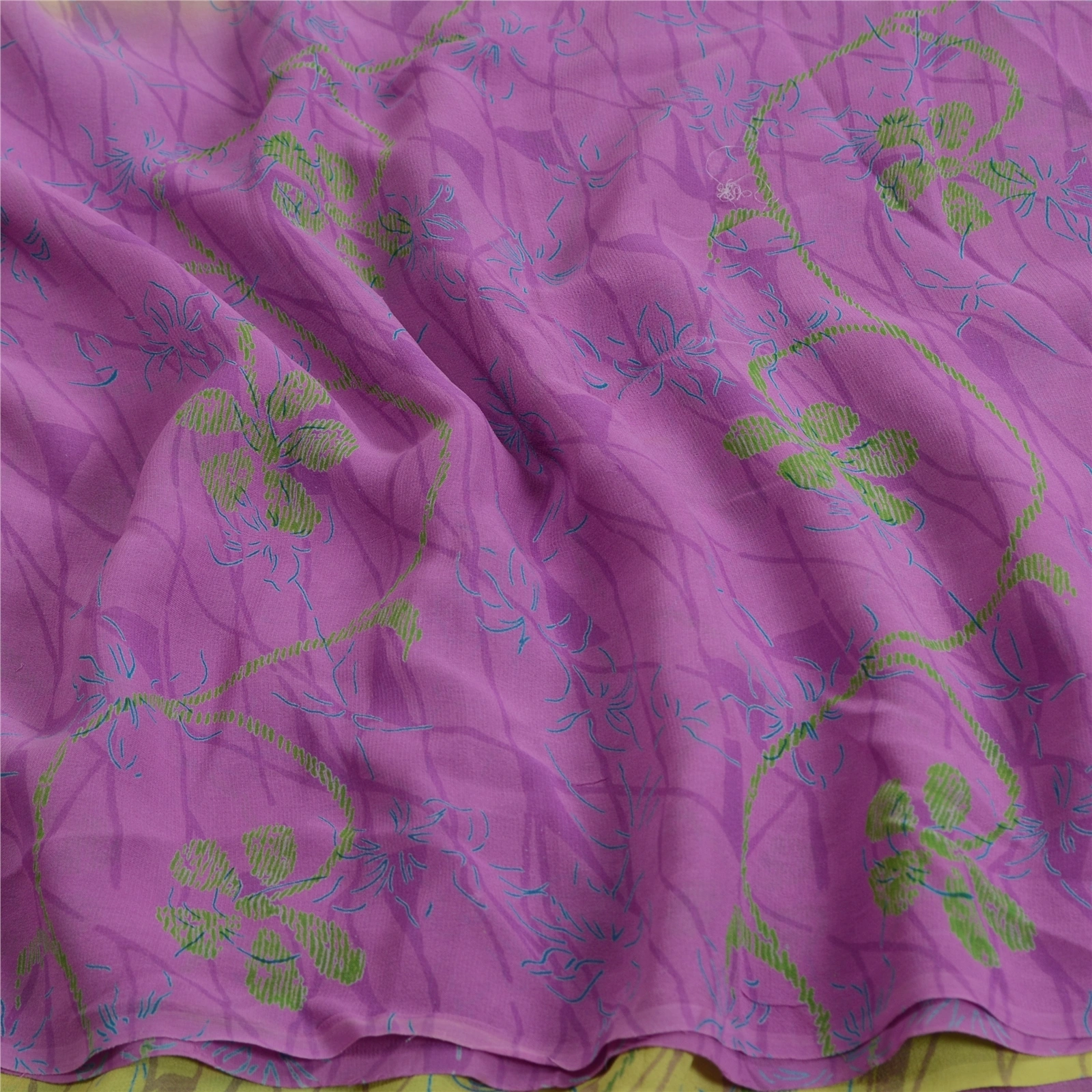 Sanskriti Vintage Sarees Purplegreen Pure Georgette Silk Print Sari Craft Fabric, PRG-13066-Purple &amp; Green-Printed Floral Design-Pure Georgette Silk-9