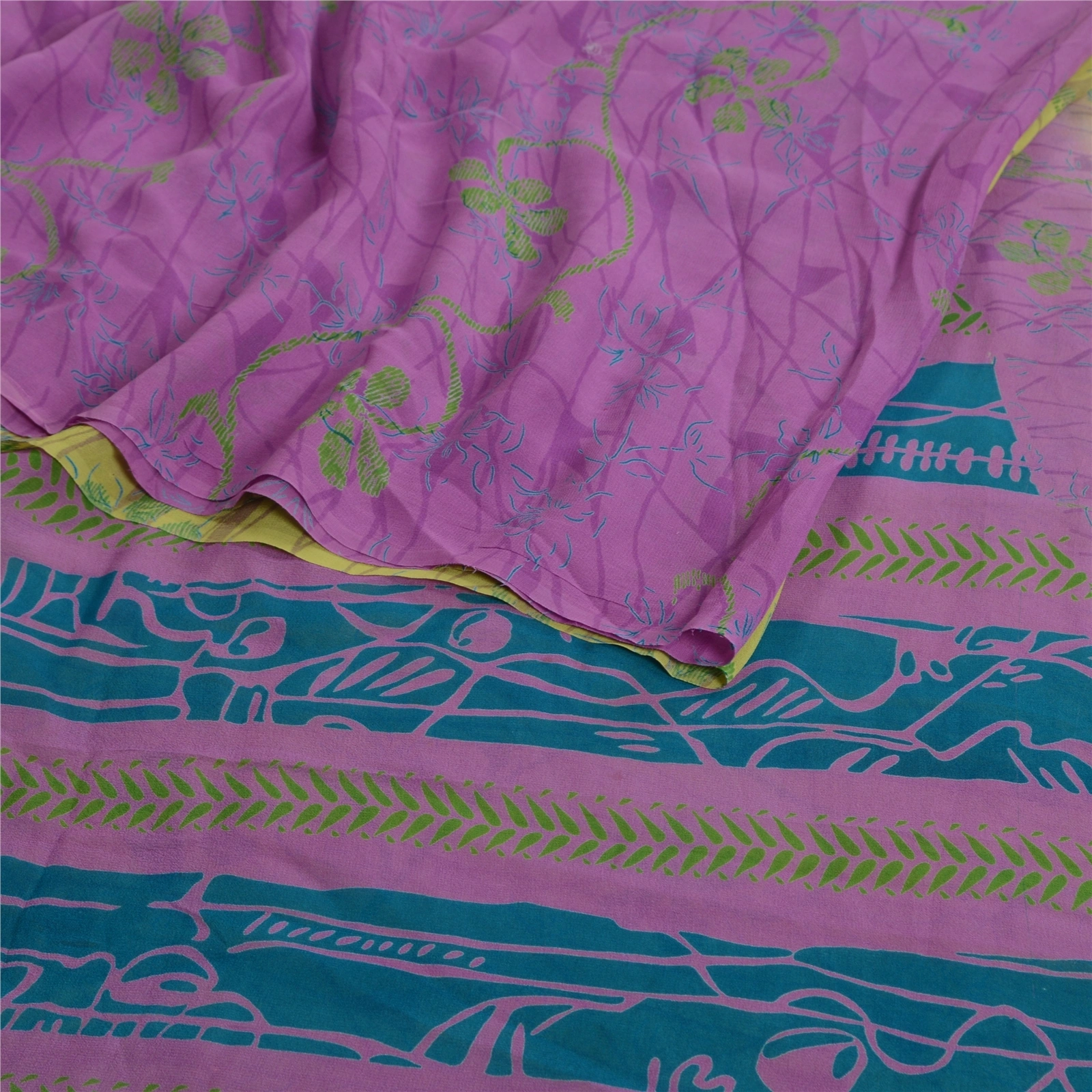 Sanskriti Vintage Sarees Purplegreen Pure Georgette Silk Print Sari Craft Fabric, PRG-13066-Purple &amp; Green-Printed Floral Design-Pure Georgette Silk-10